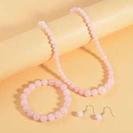 Shop LC Costume Jewelry Sets for Women Rose Quartz Choker Beaded Necklace Bead Bracelet Earrings Sets 925 Sterling Silver Fashion Jewelry for Women Size 18" Christmas Gifts