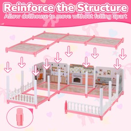 Pink Dollhouse Playset with Lights for Girls 6-12,Dream House with Garden, 3 Dolls 9 Rooms,Pet Dog and Furnitures,Indoor Playset Toys,Great Birthday Gift for Girls.