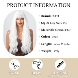 OUFEI Long Curly Wihte Wig With Bangs Natural Wavy Wigs for Women Natural Synthetic Hair Heat Resistant Wigs for Daily Party Cosplay Wear
