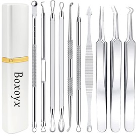 Blackhead Remover Tool, Boxoyx 10 Pcs Professional Pimple Comedone Extractor Popper Tool Acne Removal Kit - Treatment for Pimples, Blackheads, Zit Removing, Forehead,Facial and Nose(All Silver)