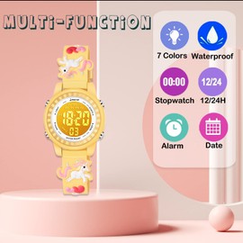 Venhoo Kids Watches 3D Cartoon Waterproof 7 Color Lights Toddler Wrist Digital Watch with Alarm Stopwatch for 3-10 Year Girls Little Child, NewYellow, Digital