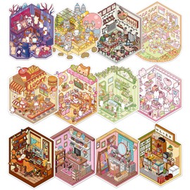 Snycler DIY 3D House Sticker Kit - 12 Sets of 3D Cartoon Scene Miniature Stickers for Adults & Kids, Fun Room Decor, Stress Relief, Creative Wall Art, Home Decoration（12sets-2）