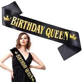 Grevosea 1 Stück Happy Birthday Queen Geburtstag Schärpe,Birthday Girl Sash,schwarzer Satin Geburtstag Schärpe,Birthday Queen Banner für Geburtstag Party Dekoration Zubehör