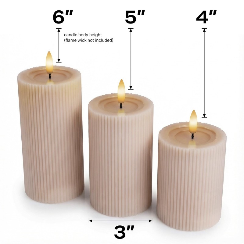 West Ivory Fluted Ribbed LED Pillar Candles, Blush Beige, with