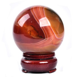 JIC Gem Natural Red Agate Crystal Ball Round Healing Crystals Decorative Sphere with Wooden Stand Meditation Home Decor 2.3-2.7 inch (60-70mm)