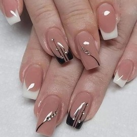 24Pcs Glossy Nude Press on Nails Square Short Full Cover French Tips Artificial Fake Nails with Rhinestone Designs Acrylic Coffin False Nails with Glue Stick on Nails for Women Girls