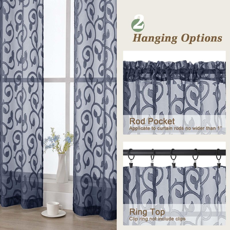 WelvetBLK Navy Blue Sheer Curtains 84 Inches Long 2 Panels