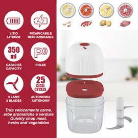 BEPER P102ROB051 Mini Tritatutto Ricaricabile, Tritatutto Senza Filo da 350 ml con 3 Lame in Acciaio Inox, USB Incluso, Rosso/Bianco