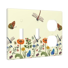 Beige Flowers Dragonfly Floral Botanical Combination Two Toggle/One Duplex Receptacle Wall Plate Herb Plants Sunflower Decorative 3-Gang Triple Device Combo 2-Toggle 1-Duplex Outlet Light Switch Cover