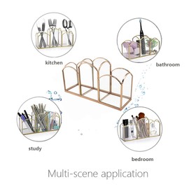 HARLIANGXY Glass Make-Up Brush Holder, Vintage Makeup Brush Organiser, Cosmetic Organiser, Gold, Makeup Brush Container with 3 Slots, Makeup Brush Storage, Cosmetic Brush Holder