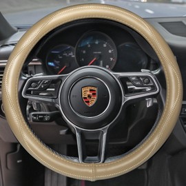 HAOKAY Top Grade Beige Genuine Leather Steering Wheel Cover Men Women, Luxury Steering Wheel Cover for Cars, SUVS and Trucks, Universal 14.5-15 inch