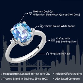 Gem Stone King 3.04 Cttw 925 Sterling Silver Millennium Blue Mystic Quartz and White Topaz Engagement Ring For Women | Oval 10X8MM | Gemstone Birthstone | Available in Size 5,6,7,8,9