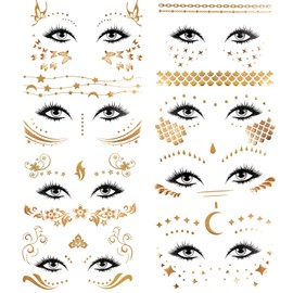 Konsait 8 Sheets Face Tattoo Sticker Metallic Temporary Transfer Tattoo Waterproof Face Jewels for Women Girls Make Up Dancer Costume Parties, Shimmer Glitter Gold Tattoos,Scale Tears Butterfly Freckl
