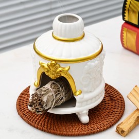 Zvaiuk Palo Santo Holder with Chimney,Ceramic Incense Burner–Handcrafted with Ash Catcher for Sage, Cone Burning and Tealight, Perfect for Meditation, Yoga (White Gold)