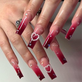 Buy 10 Get 10 Free! [Machine-Made] 24pcs Press-On Nails with Rhinestones & Flowers – French Style Glue-On Nails for Women & Girls Full Cover Shiny Glitter Long Lasting Quality:_M-CF-RD-002