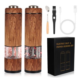 Electric Salt and Pepper Grinder Set Rechargeable, Automatic Salt and Pepper Grinder, One-Handed Operation, Salt and Pepper Shakers Set Electric with LED light, Adjustable Coarseness (Wood)