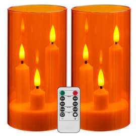 Da by Flameless Candle, Battery-Powered Candle with Remote Control and Timer, LED Three-Wick Pillar Candle, Romantic Wedding, Perfect Home Décor, 2 Pack (Orange)