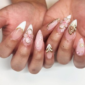 Medium Press on Nails Almond Fake Nails French Tip Glue on Nails Full Cover Cute Flower Glue on Nails Reusable Gold Line Stick on Nails Spring Summer Acrylic Nails for Women Manicure Decorations