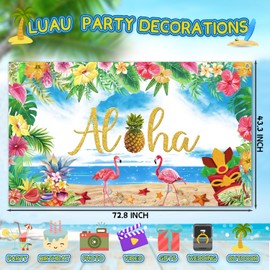 73X43Inch Luau Backdrop Hawaiian Backdrop for Party Decorations Aloha Backdrop for Photography with Tiki Tropical Palm Leaves Flower Beach Ocean Background Supplies Photoshoot Banner Photo Booth