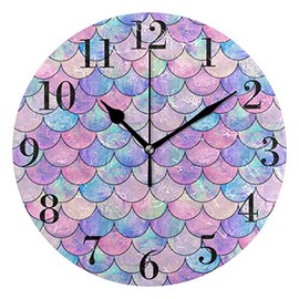 susiyo Mermaid Fish Scale Wall Clock 9.8 Inch Silent Round Wall Clock Battery Operated Non Ticking Creative Decorative Clock for Kids Living Room Bedroom Office Kitchen Home Decor