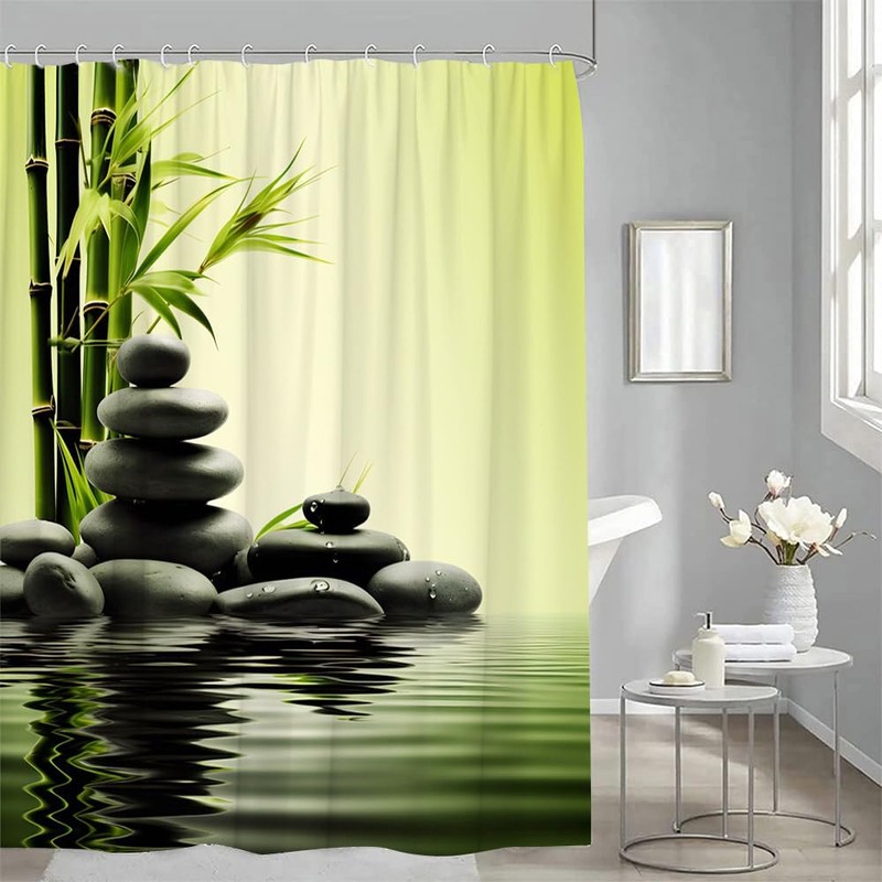 YSSFAV Zen Stone Spa Shower Curtain Green Bamboo Minimalist Relaxing