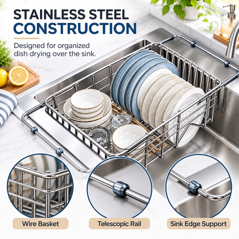 Telescopic Sink Drain Rack for Dishes – Adjustable Metal Drying