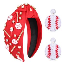 Knotted Headband for Women - Baseball Accessories Outfits with Crystal Charm, Wide Top Knot Headband for Game Day, Sports Mom Gifts