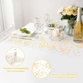Birthday Table Decoration - 28 cm x 10 m Table Runner Gold, 40th Birthday Decoration for Women and Men, Gold Tulle Hot Stamped Table Flag Table Runner Roll for Anniversary Parties and Party Events
