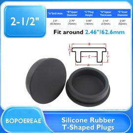 BOPOREAE 2 Pcs 63.6 mm Silicone Rubber Plug for 62.6-63.6 mm/2-7/16-2-1/2 in Round Holes, Waterproof T Type Rubber Stoppers, Soft Flexible Snap-On Seal Plugs Tube Pipe End Cover Caps Insert, Black