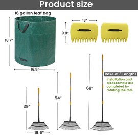 Pilntons 68 Inch Garden Rake for Leaves Adjustable Metal Leaf rake for Lawn Heavy Duty Come with Large Leaf Scoops Hand rakes 16 Gallon Leaf Bags 19 Inch Wide Yard rake for Grass Clippings