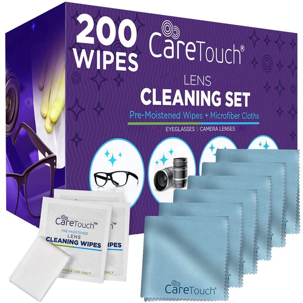 Care Touch Lens Cleaning Wipes with Microfiber Cloths - 200 Lens Wipes for Eyeglasses & 6 Microfiber Cloths - Glasses, Camera Lenses, Screens, Eye Glasses Lens Cleaner, Wipes for Cleaning Eyeglasses