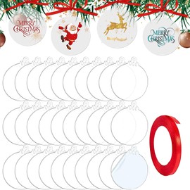 TSKDKIT Pack of 30 Acrylic Christmas Baubles 7.6 cm Acrylic Disc Christmas Decoration Pendant Plexiglass Panels Christmas Tree Baubles Plexiglass Disc for Christmas Decoration Crafts
