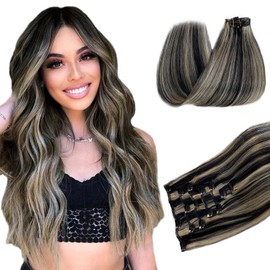 Belaved Clip in Hair Extensions, 20 Inch 70g Black Mix Blonde Clip in Hair Extensions Real Human Hair 7pcs Straight Double Weft Human Hair Clip in Hair Extensions