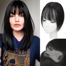 Insmi Hair Toppers for Women Real Human Hair， 360° 3D Cover Hair Topper Clip in Bangs 10 Inch Realistic Scalp Pieces for Women with Thinning Crown (Black, Wispy Bangs)