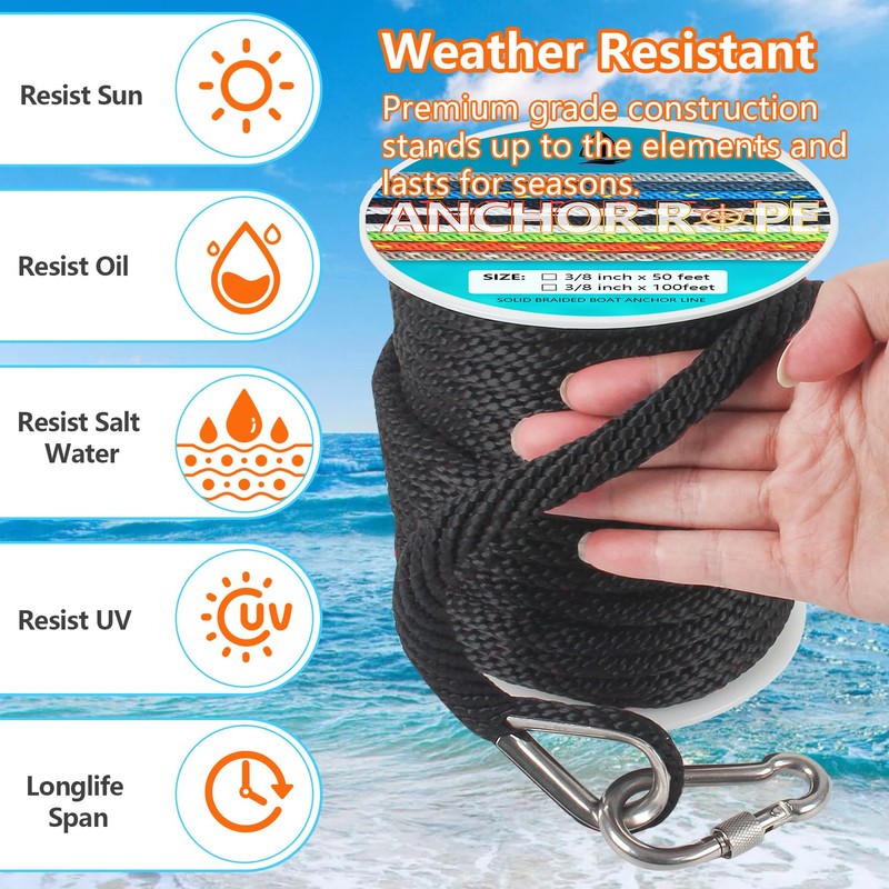 3/8 Inch 100 FT Anchor Rope, Boat Anchor Rope Solid
