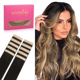 Wennalife Tape-In Real Hair Extensions, Dark Brown to Chestnut Brown and Dirty Blonde Highlights, 10 Pieces, 30 g, 60 cm, Invisible Hair Extensions, Straight Real Hair Tape Refill Pack