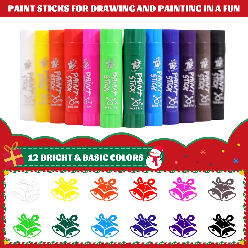 TBC The Best Crafts Paint Sticks,12 Classic Colors, Washable, Non-toxic,