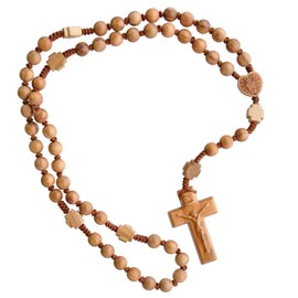 Sine Cera Olive Wood 5 Decade Catholic Rosary, Laser Cut Crucifix and Double-sided Laser Engraved Centerpiece, Sturdy Corded Design 17" Length, Smooth 8mm Beads