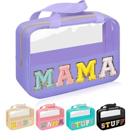 Bolsa de chenilla con parche de carta, bolsa de cosméticos de maquillaje transparente, Morado-mama