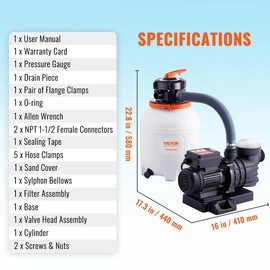 VEVOR Sand Filter Pump for Above Ground Pools, Max 16-inch / 3500 GPH / 1 HP, Swimming Pool Pumps System & Filters Combo Set with 6-Way Multi-Port Valve and Strainer Basket, for Domestic:_12 inch - 3000 GPH, 1/2 HP