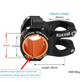 CYSKY MTB Stem 35mm Handlebar Clamp with Spacer for 31.8 mm Bar Clamp, Length 35mm 50mm Short Bike Stem Handlebar Stem Riser for All Mountain, MTB, Downhill (Black, Length 35mm)