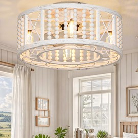 DWVO 18.5 Inch Caged Ceiling Fan with Lights and Remote, Beaded Decor, Farmhouse Flush Mount Ceiling Light Fixture with Reversible DC Motor, 6 Speeds, for Bedroom, Living Room, Dining Room (Off-White)