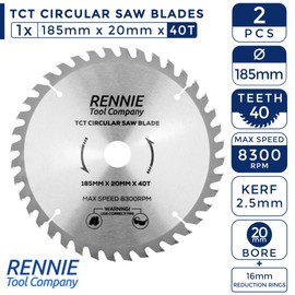 2 Pack - 185mm x 20mm Bore x 40T & 80T TCT Saw Blades. 185mm Circular Saw Blades For Fine Cuts x 20mm Bore + 16mm Bore Reduction Rings Fits Evolution Bosch Makita Ryobi Dewalt Circular Saws Etc