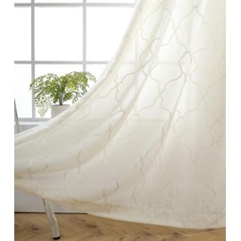 MIUCO Moroccan Embroidery Semi Sheer Curtains Faux Linen Grommet Curtains for Bedroom 52 x 63 Inch 2 Panels, Off White