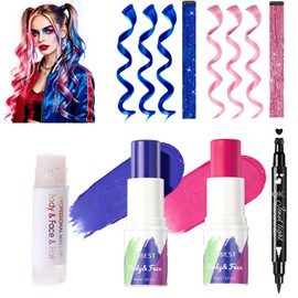 Halloween Cosplay Costume Accessories, 2 Pink and Blue Face Body Paint Stick 1 Glitter Stick 8 Clip-in Hair Extension 1 Heart Stamp Eyeliner Harley Quinn Joker Party Festival Cosplay Makeup