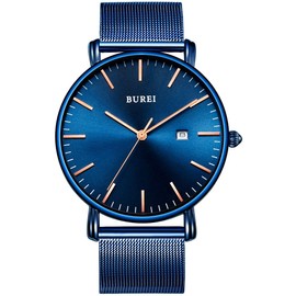 Burei Men’s Watches, Ultra Thin, Black, Minimalist Quartz with Date Display