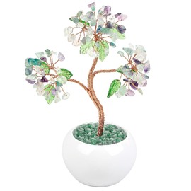 mookaitedecor Fluorite Crystal Money Tree with Ceramic Base Bonsai Feng Shui Tree Ornament for Office Home Decor, 6.5-7 Inch