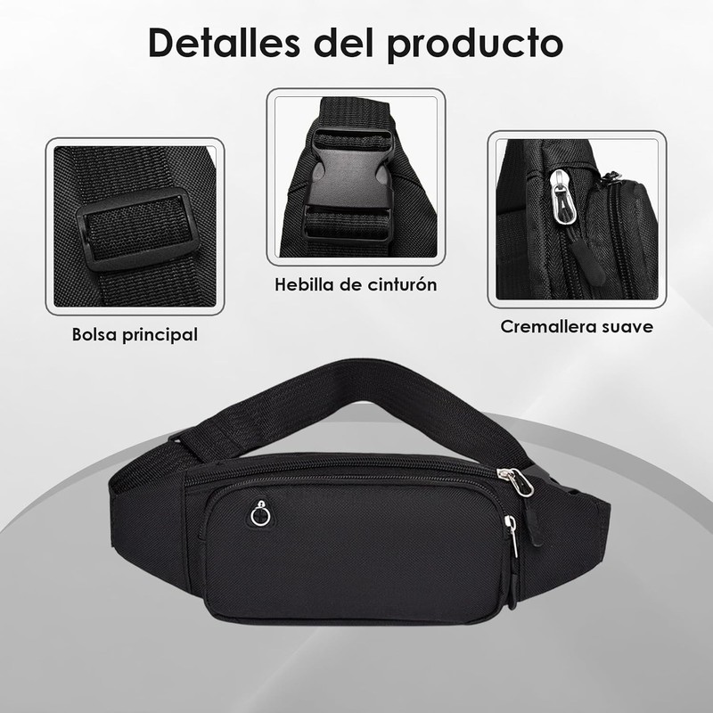 Riñonera Deportiva Impermeable, Multifuncional con Cremallera(Negro)