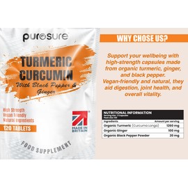 Purosure Organic Turmeric (Curcuma Longa) Capsules High Strength and Organic Black Pepper with Active Curcumin with Organic Ginger - 120 Vegetarian and Vegan Organic Capsules