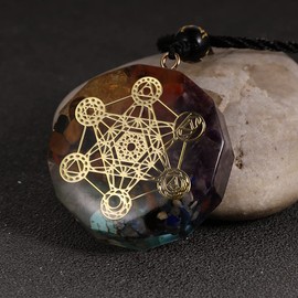 Orgone Metatron Cube Om Necklace, Chakra Crystal Stone for Healing Yoga Mediation, EMF Protection (Adjustable Rope)